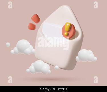 Mail envelope 3d icon with exclamation point opened paper envelope in clouds with important message Stock Vector