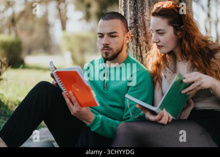 Young couple studying together outdoors under a tree Stock Photo