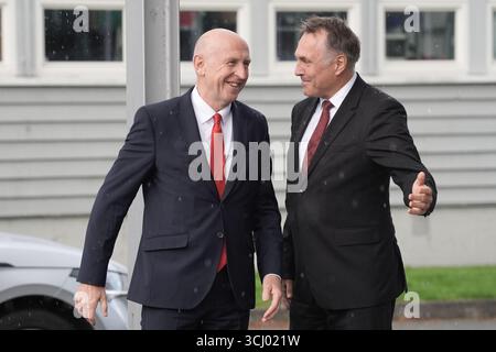 Defence Secretary John Healey (left) is greeted by Defence Minister Tore O. Sandvik as he arrives at Madla Camp during his visit to Stavanger, Norway. Picture date: Thursday September 4, 2025. Stock Photo