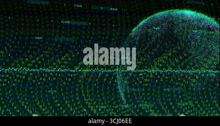 Emerging digital globe forming green dots in cyberspace with binary digits, data labels, copy space Stock Photo