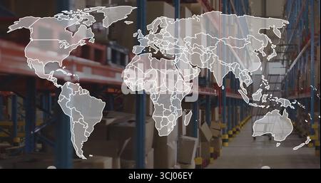 Displaying translucent world map outline overlaying distribution center warehouse, with steel racks Stock Photo