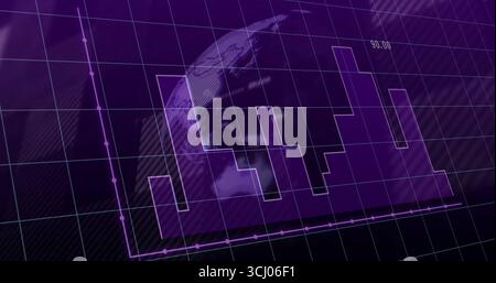 Displaying purple bar columns stretching across interface, with 3D earth globe, grid lines and axes Stock Photo