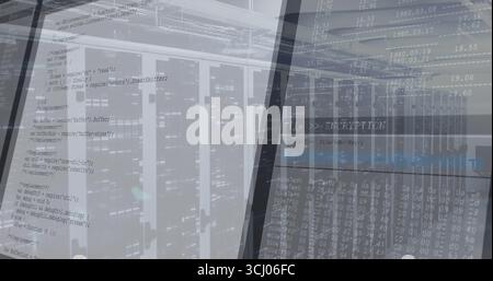 Showcasing server racks with blinking LEDs lining data center corridor, with encryption overlay Stock Photo