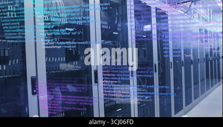 Glowing server cabinets emitting colored light in server room, with blinking LEDs, code overlay Stock Photo