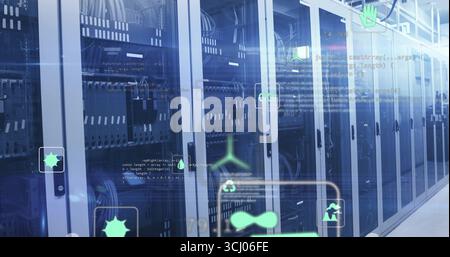 Displaying server cabinets glowing with blinking LEDs in data center, with eco overlay icons Stock Photo