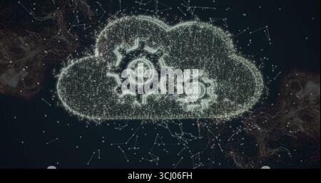 Shining cloud icon forming two gear symbols in digital network space, with particle lines and nodes Stock Photo