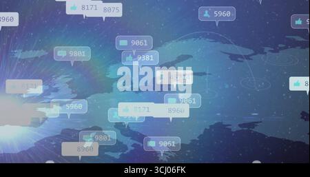 Displaying stylized world map floating in digital network, with social media notification bubbles Stock Photo