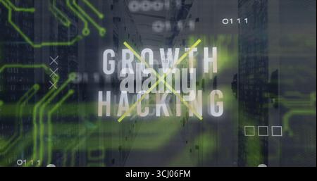 Displaying GROWTH HACKING text intersecting yellow lines inside data center with server racks Stock Photo