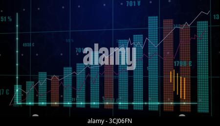Displaying financial dashboard showing teal bars and gold candlestick over grid with line graphs Stock Photo