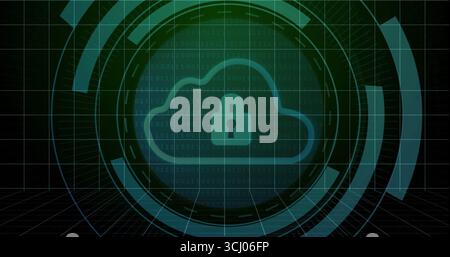 Displaying cloud icon with padlock symbol in grid environment with binary overlay, rings and arcs Stock Photo