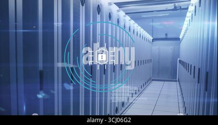 Digital lock icon hovering in data center corridor, with server cabinets, LEDs, cable trays Stock Photo