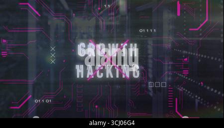Displaying GROWTH HACKING crossed by magenta X in data center, with circuit lines and server racks Stock Photo