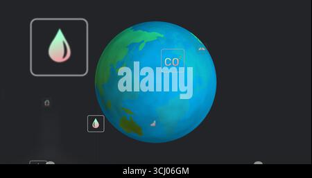 Displaying stylized Earth globe floating in data dashboard, with CO? label and water drop icons Stock Photo