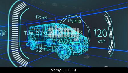 Displaying neon blue wireframe van rotating in design interface, with gauge arcs and speed readout Stock Photo