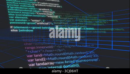 Displaying floating multicolored code snippets over wireframe grid cubes in virtual coding space Stock Photo