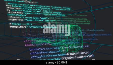 Displaying green wireframe van model floating in simulated 3D wireframe grid, with code snippets Stock Photo