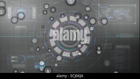 Futuristic HUD interface presenting segmented ring arcs on grey grid, with nodes and world map Stock Photo