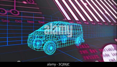 Floating blue wireframe van hovering above grid plane with month labels, barcode stripes and charts Stock Photo