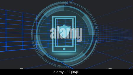 Displaying smartphone outline showing shield emblem in 3D grid space, with rotating HUD rings Stock Photo