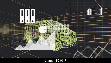 Displaying green wireframe van model rotating in 3D workspace with pie bar charts and binder icons Stock Photo