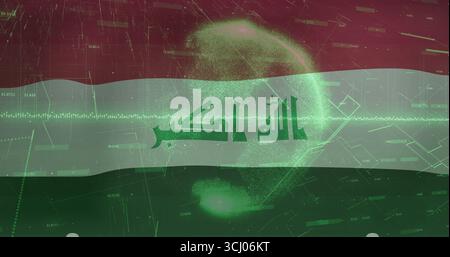 Displaying stylized Iraqi flag with Arabic script floating in circuit background, with grid globe Stock Photo