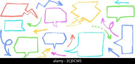 Crayon drawing speech buble set with graffiti style arrows. Collection of hand drawn chalk elements. Vector blue, green yellow charcoal handwriting Stock Vector