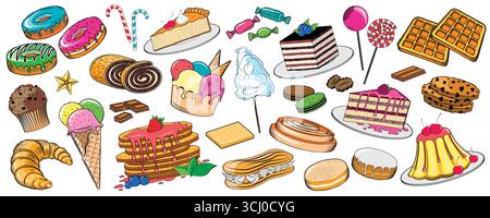 Dessert food - pastries, ice cream and sweets collection - vector illustration Stock Vector