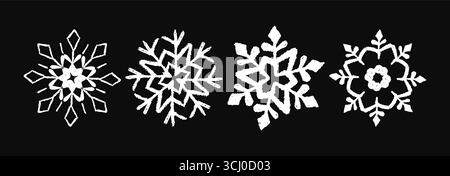 Set of cute white Xmas snowflakes drawn in pastel, crayon, chalk and charcoal textures. A holiday collection for kids featuring frozen, grunge style Stock Vector