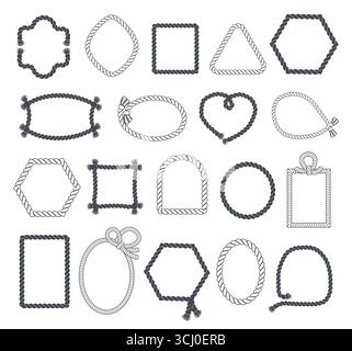 Silhouetted rope frames. Different shapes borders from tightrope, tassels at ends, decorative sea nautical cords marine elements circle, square and Stock Vector