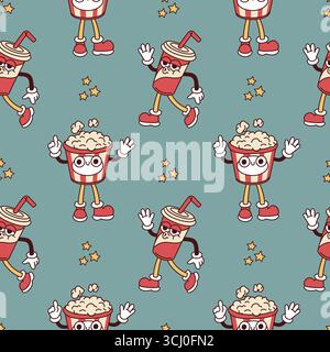 Groovy cinema characters seamless pattern. Cartoon retro mascots, repeated funny popcorn and soda drink with faces, textile, wrapping paper, wallpaper Stock Vector
