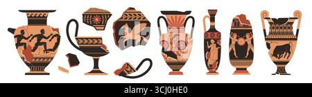 Cracked ancient greek pottery. Broken traditional vases with decorative ornaments, ceramic amphorae fragments and parts. Historical crockery cartoon Stock Vector