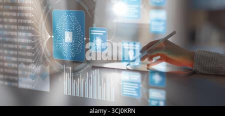Artificial Intelligence and Data Processing Interaction on a Digital Touchscreen Interface. Stock Photo