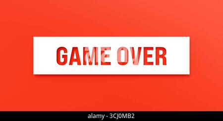Game over. Game over. Die-cut letters on red background. Leisure games, finishing, end, final game, challenge, video game, bingo, cards. text banner N026 game over Stock Photo