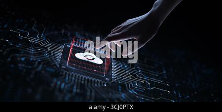Cloud Enabling Scalable Solutions for Data Storage Illustrated on a Processor Touched by a Human Hand. Stock Photo