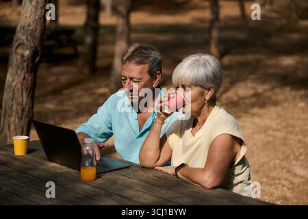 Senior couple using laptop and drinking in the park Stock Photo