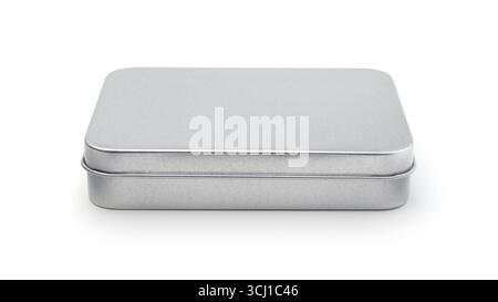 New closed rectangular tin box isolated on white. Stock Photo