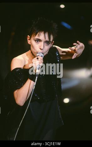 French singer Jeanne Mas on the set of a television programme circa 1987. Stock Photo