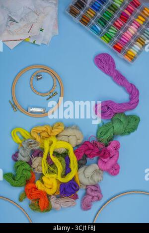 Embroidery thread yarn of multiple different color variations in a box. Professional floss thread yarn for embroidery. Hoop for stitch with canvas. Stock Photo