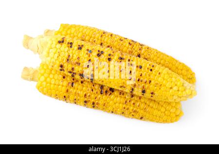 Three tasty grilled corncobs isolated on white, top view Stock Photo