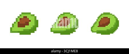 Pixel art avocado icons in retro 8 bit style with vibrant green details and brown seeds Stock Vector