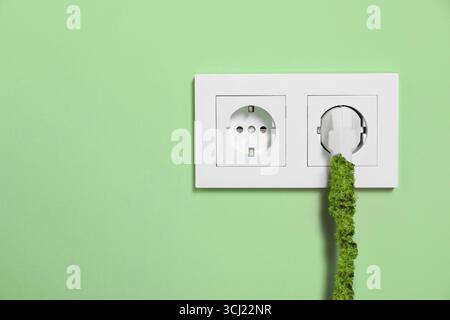 Electricity and nature. Power plug in socket on light green wall. Wire of power plug covered with green plants Stock Photo