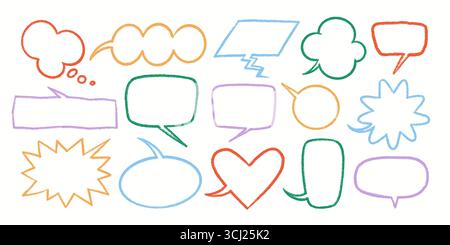Speech bubble vector set in crayon style with colorful hand drawn frames, doodle shapes, comic balloons, cartoon text boxes. Speech and bubble vector Stock Vector