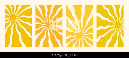 Summer sun posters, abstract backgrounds in yellow tints with groovy abstract wave rays. Vintage summer sunshine design with textured look. Perfect Stock Vector
