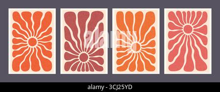 Retro sun or flower art poster set in red and orange tones with bold organic rays on textured background. Sun art in abstract retro style. Great for Stock Vector