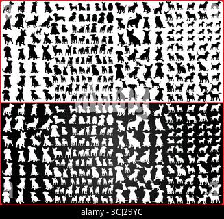 Large collection of dog silhouettes in various poses displayed in a divided black and white Stock Vector