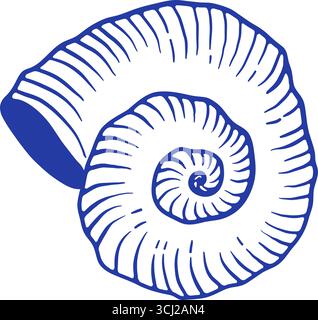 Blue Seashell hand draw vector illustration. Spiral mollusc doodle icon Stock Vector