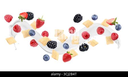 Splashing milk with sweet corn pads and fresh berries in air against white background. Healthy breakfast Stock Photo