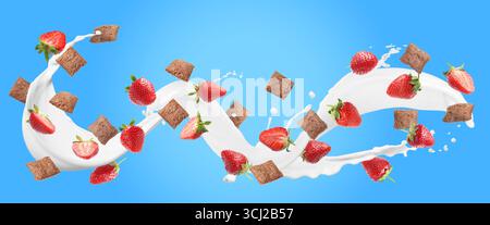 Splashing milk with sweet corn pads and fresh strawberries in air against light blue background. Healthy breakfast Stock Photo