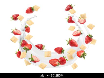 Splashing milk with sweet corn pads and fresh strawberries in air against white background. Healthy breakfast Stock Photo