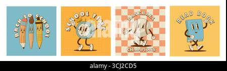 Set of retro cartoon school characters posters. Boock, supplies, stationery, alarm clock, baseball mascot. Vector illustrations. Welcome back to schoo Stock Vector